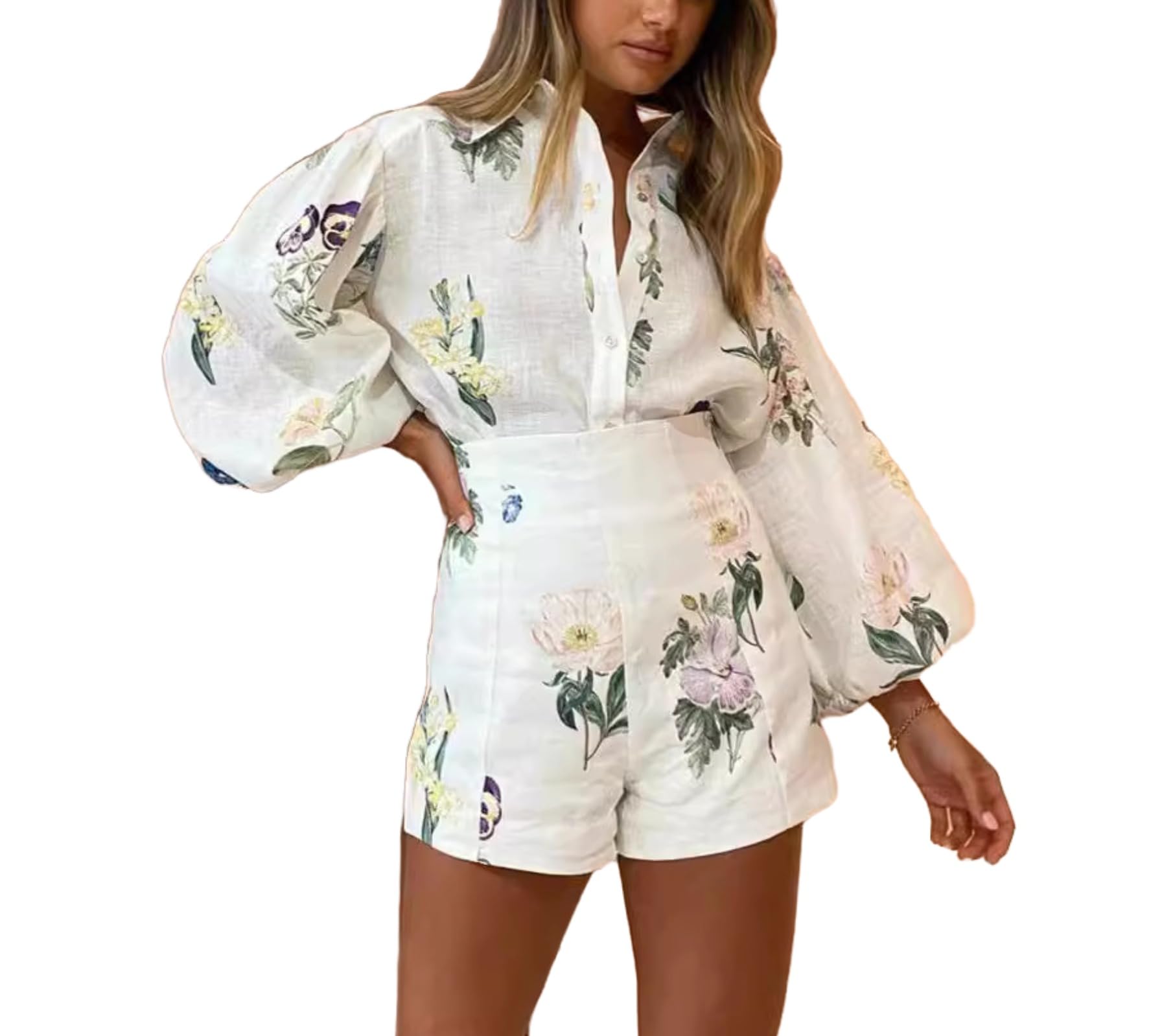 MoliloveWomens 2 Piece Outfit Hawaiian Long Sleeve Button Down Shirt Shorts Tracksuit Lounge Set Shorts Set