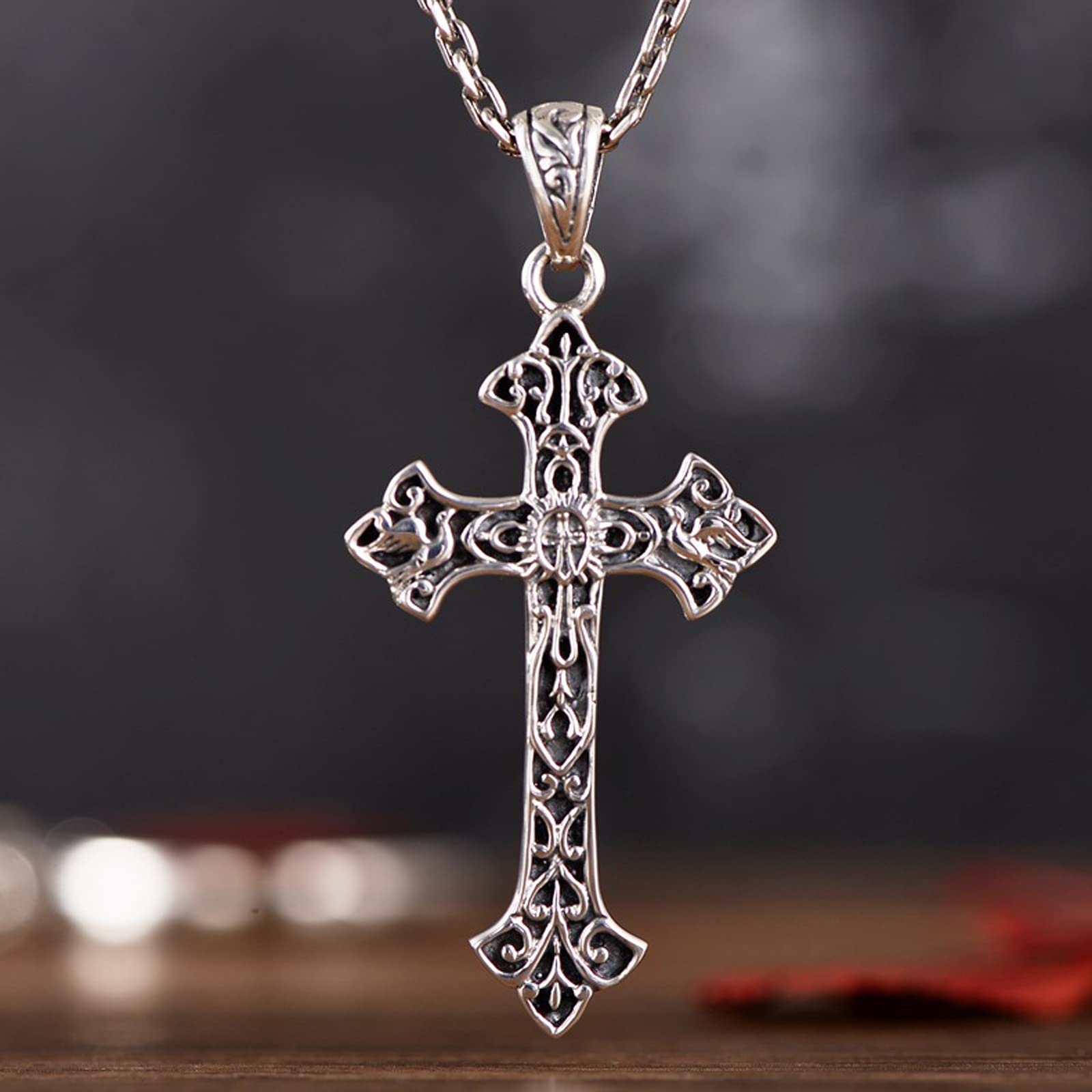 MINGDIAN 925 joyería de Plata esterlina Plata Vintage jesús Antiguo patrón de ratán Cruz Colgante de Moda para Hombre