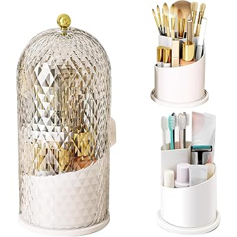 Generic 360  Rotating Makeup Brush Holder Dustproof Transparent Cosmetic Organizer with Lid Toothbrush Holder - for Bathroom Dressing Table & Bedroom