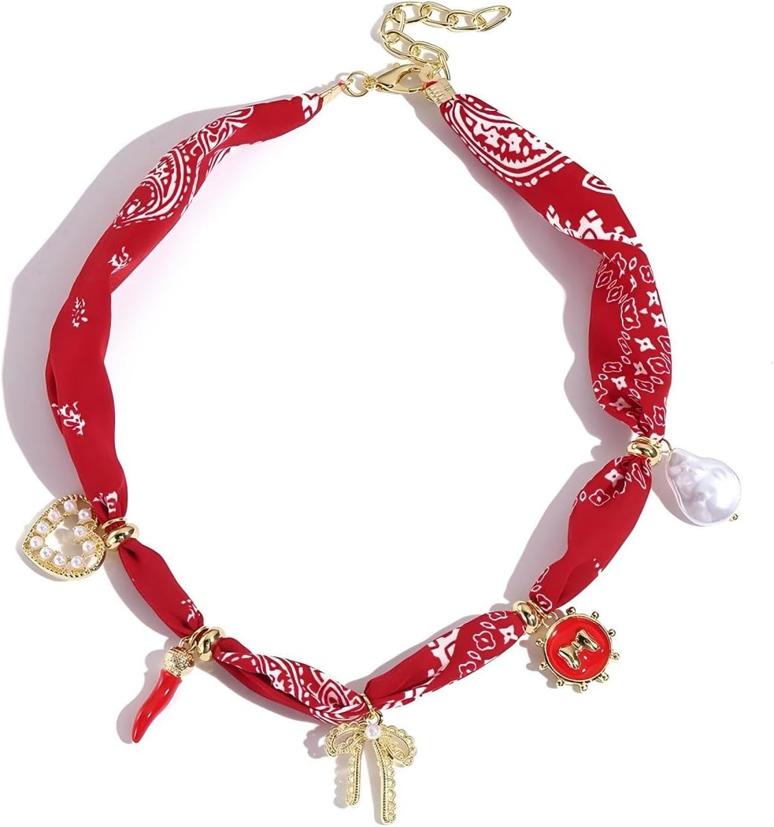 Beach Scarf Necklace With Charm Bandana Charm Necklace with Bow Cherry Scarf Necklaces for Women Summer Fashion Jewelry Gift