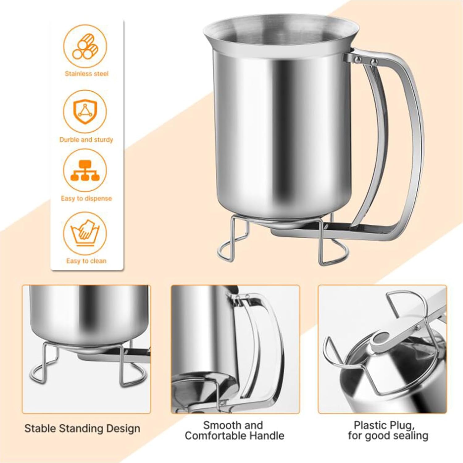 Pancake Batter Dispenser, Multi-Caliber Stainless Steel Funnel Cake Dispenser with Stand,Dust Cover and Squeeze Handle,Suitable for Pancakes, Cupcakes,Takoyaki or Any Baked Goods,680ml/24oz