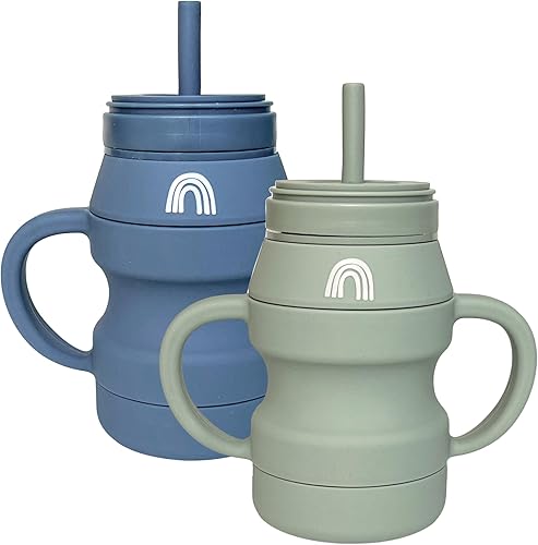 Hippypotamus Vasos de transición de silicona para niños pequeños a prueba de apretar con popote y tapa, asas extraíbles, juego de 2 (salvianiebla)