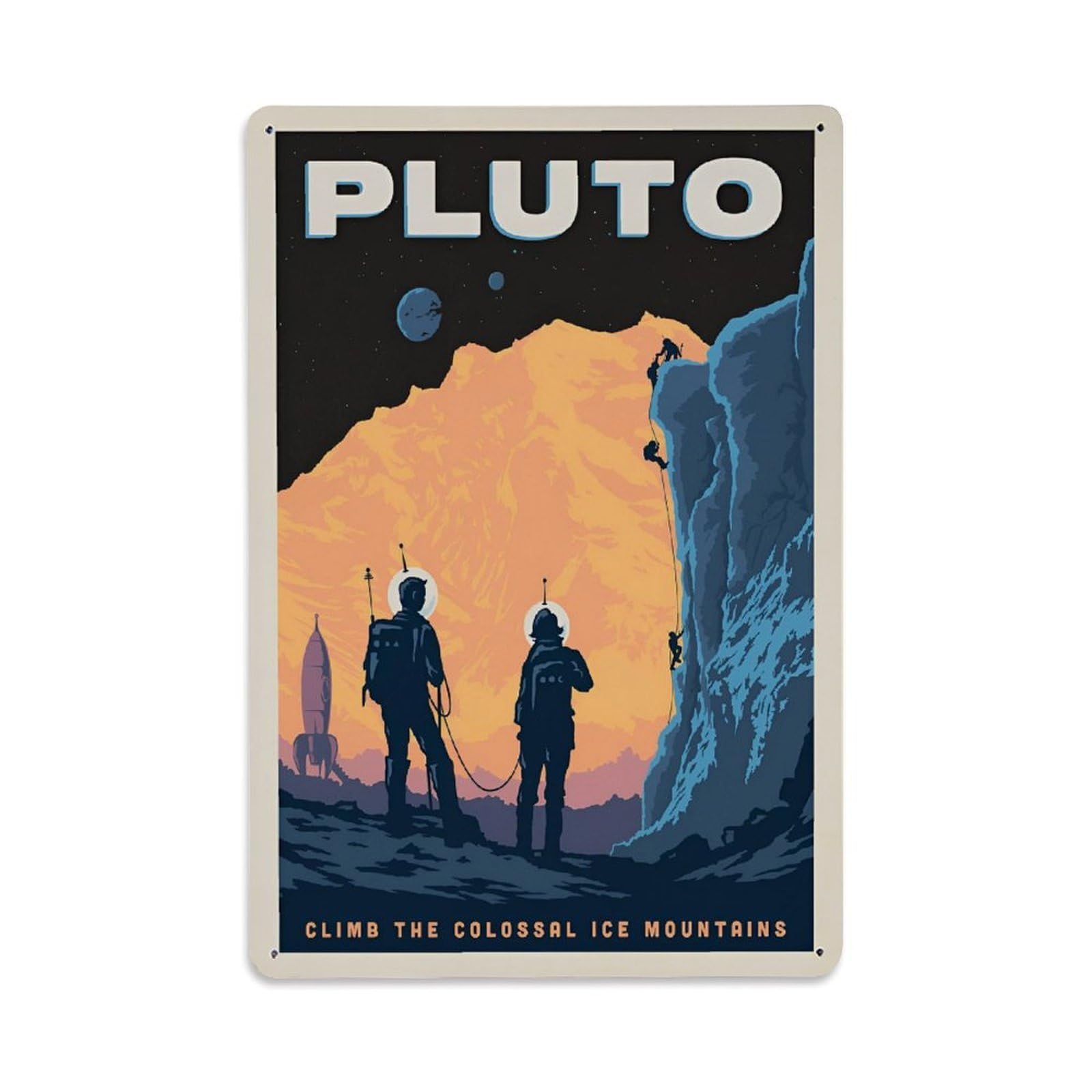 Vintage Space Poster Pluto Ice Mountain Climbing Metal Tin Sign Wall Decor for Cafe, Club, Garden Metal Poster 8x12Inch