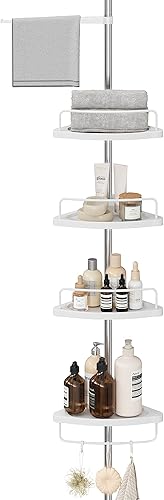 Miniatura 7 de SONGMICS Bastón de tensión esquinero para regadera, organizador de ducha de 4 niveles resistente al óxido, estante de ducha, sin taladros, 35.8 a