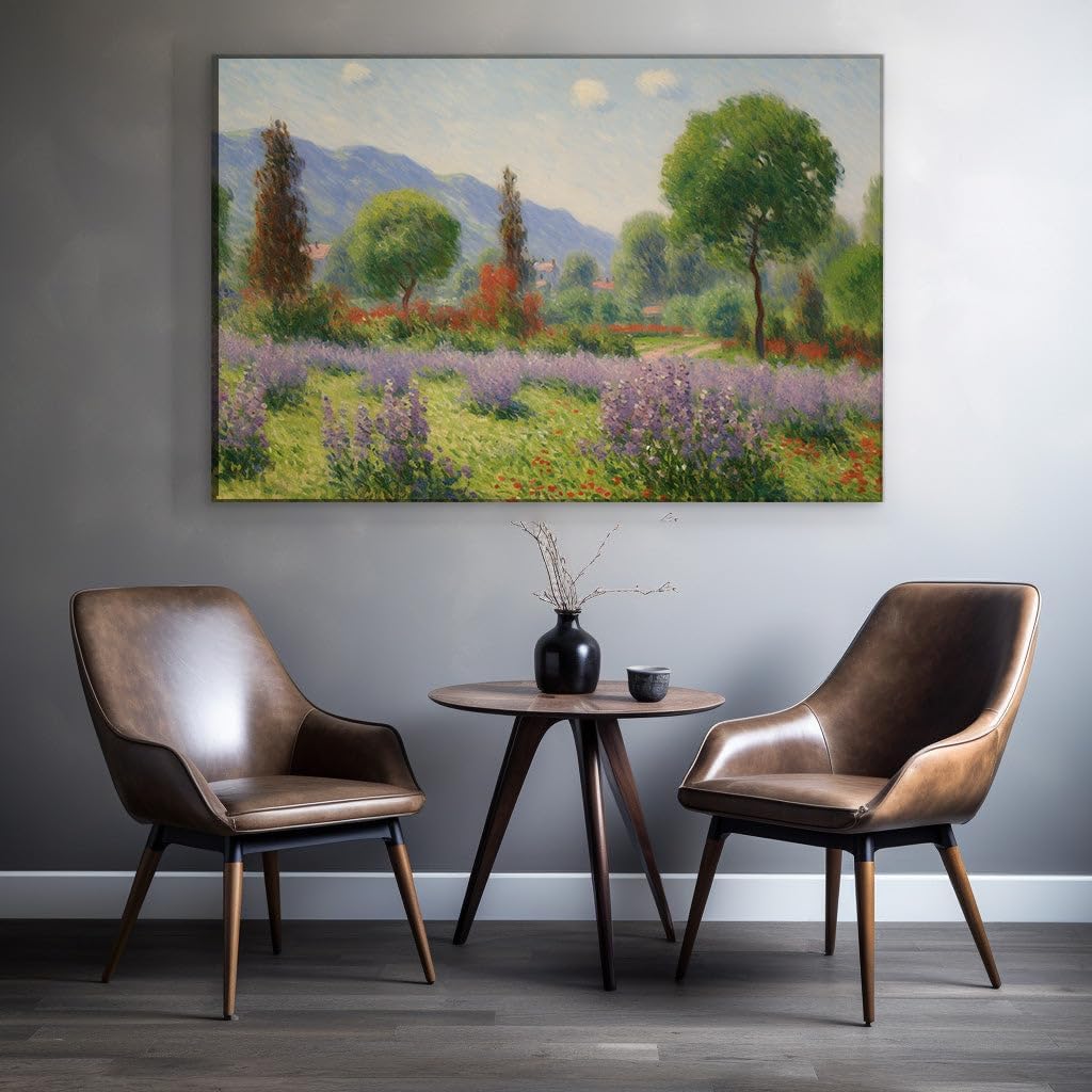 Canvas for Living room. Enchanting Oasis: Stroll through an Impressionistic Eden of Lavender and Blooms, 27 x 18 inch Canvas Wall Art - Contemporary Masterpieces - Modern Home Decor