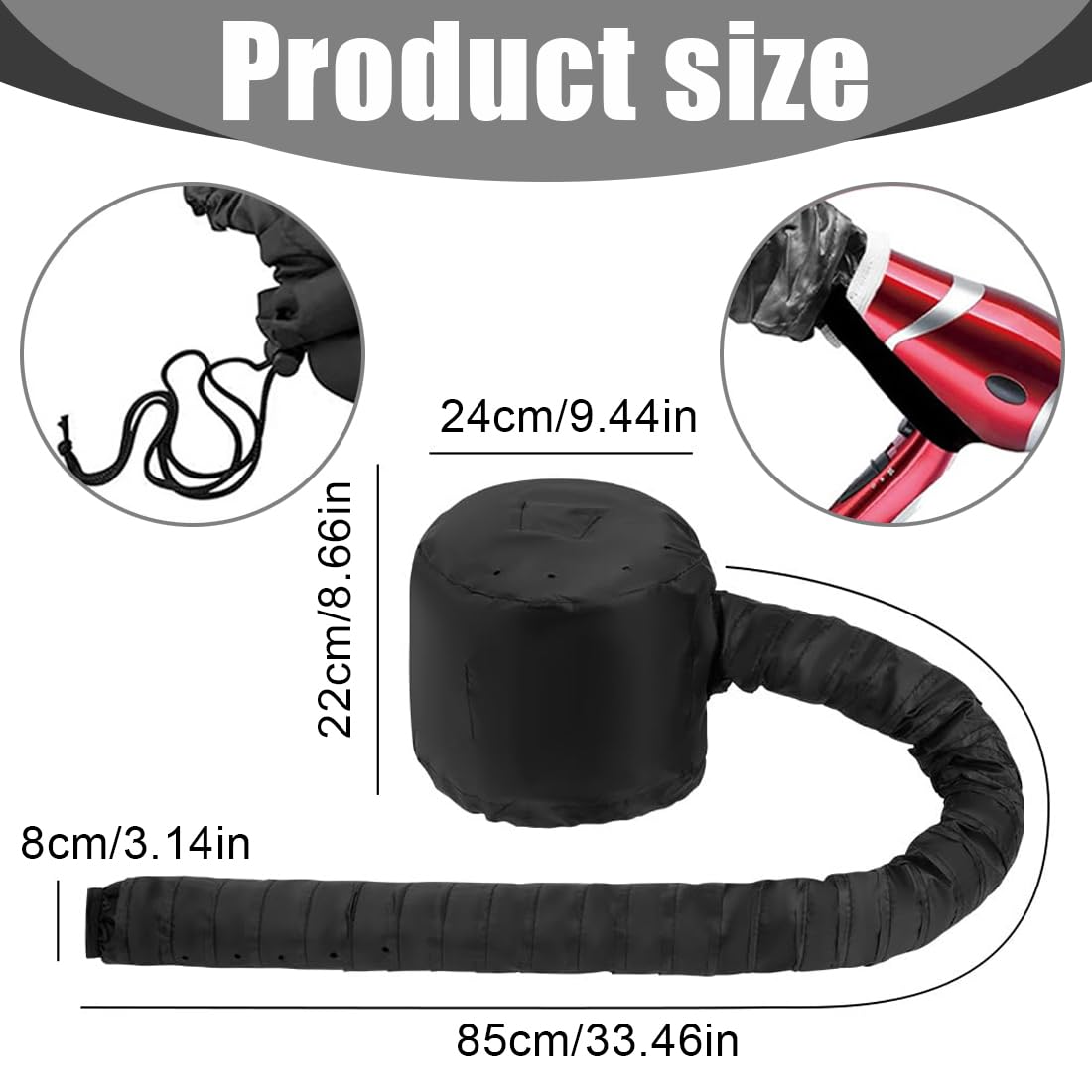 IKOPFLN 1 PCS Casco Asciugacapelli, Cuffia Termica per Capelli, Caschi per Asciugatura,Bonnet Casco per Asciugacapelli con Elastico per Attacco Phon per Asciugatura Capelli Ricci (Nero)