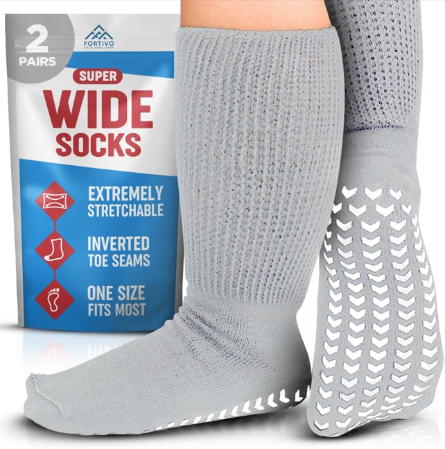 FORTIVO 2 Pairs Extra Wide Socks For Swollen Feet, Non-Slip Hospital and Diabetic Socks for Men and Women