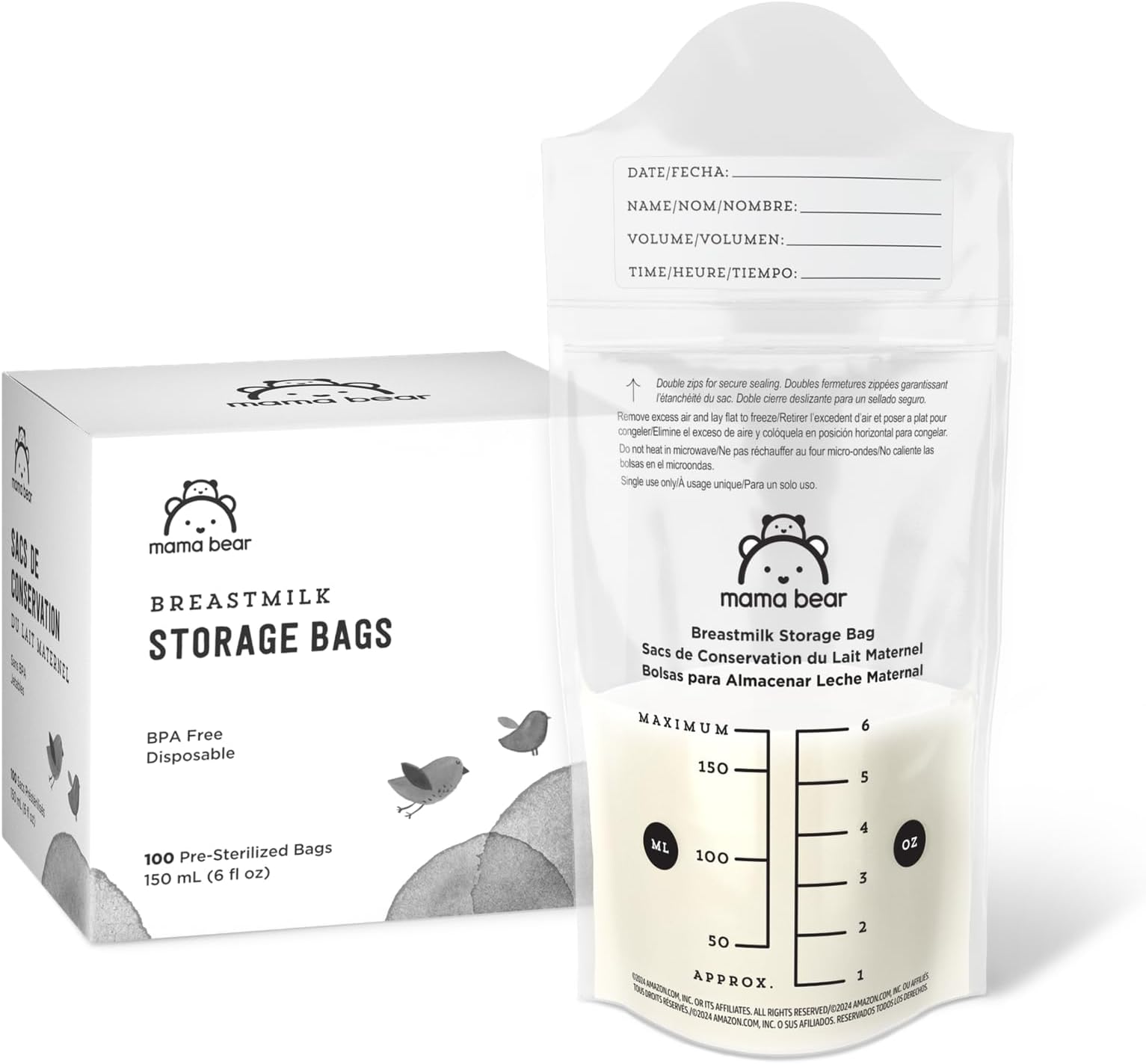 Amazon Brand - Mama Bear Breastmilk Storage Bags, Pre-Sterilized, BPA Free, Double Zips, for Refrigeration and Freezer Storage, 100 Count, 6 fl oz