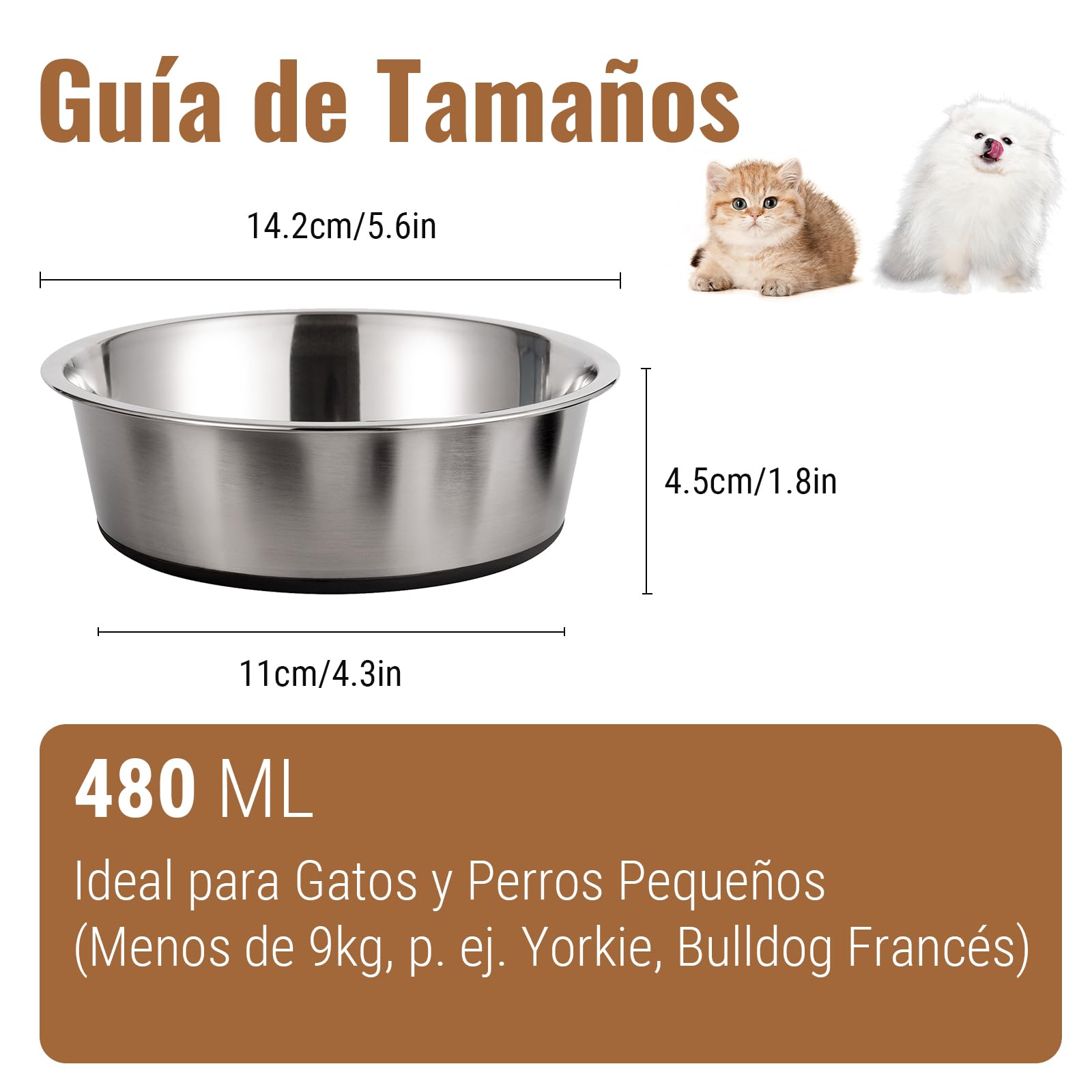 PEGGY11 Cuencos de Acero Inoxidable para Perros y Gatos, Antideslizantes, Parte Inferior de Goma, Grado Alimenticio, Sin BPA, Aptos para Lavavajillas, Fáciles de Limpiar, 480 ml, 2 Paquetes