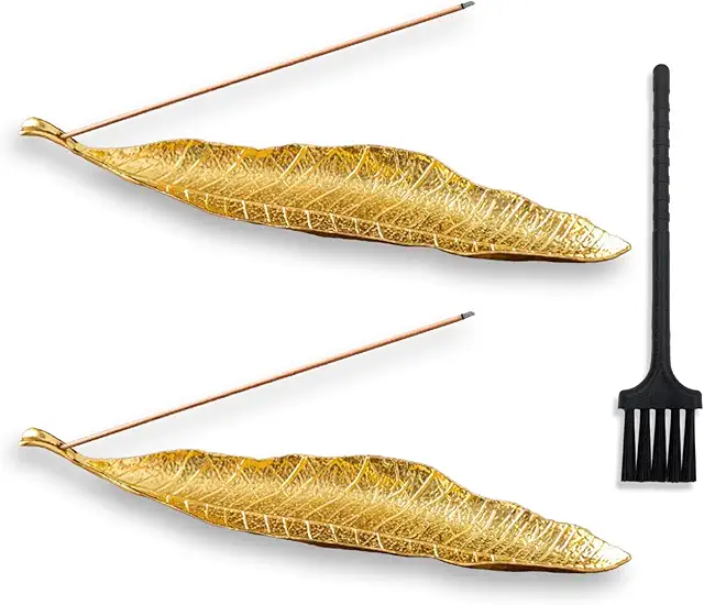 Encensoir à feuilles zen en métal doré avec brosse à cendres - Set de 2 brûleurs d'encens