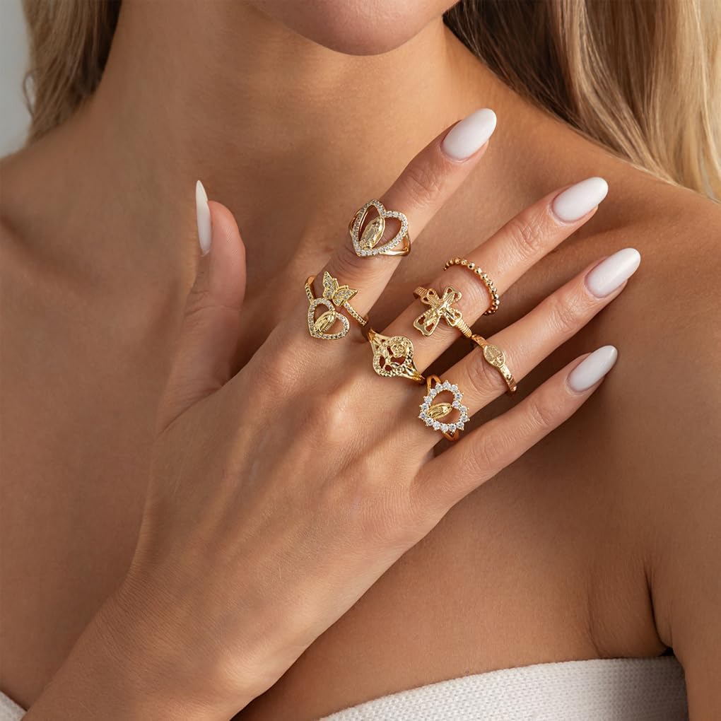 Vintage Gold Virgin Mary Cross Rings Set for Women,Chunky Stackable Boho Knuckle Rings Pack Retro Jewelry Accessories