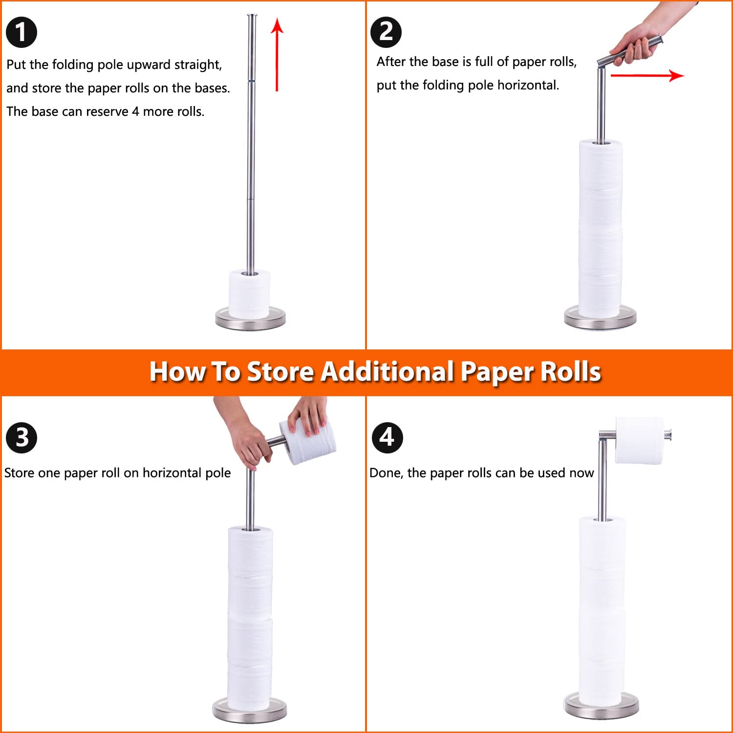 Toilet Paper Holder Stand, Freestanding Toilet Paper Holder Stand with Reserve for 4 More Rolls, SUS304 Stainless Steel Sturdy Base (Brushed Nickel) — Amazon image 4