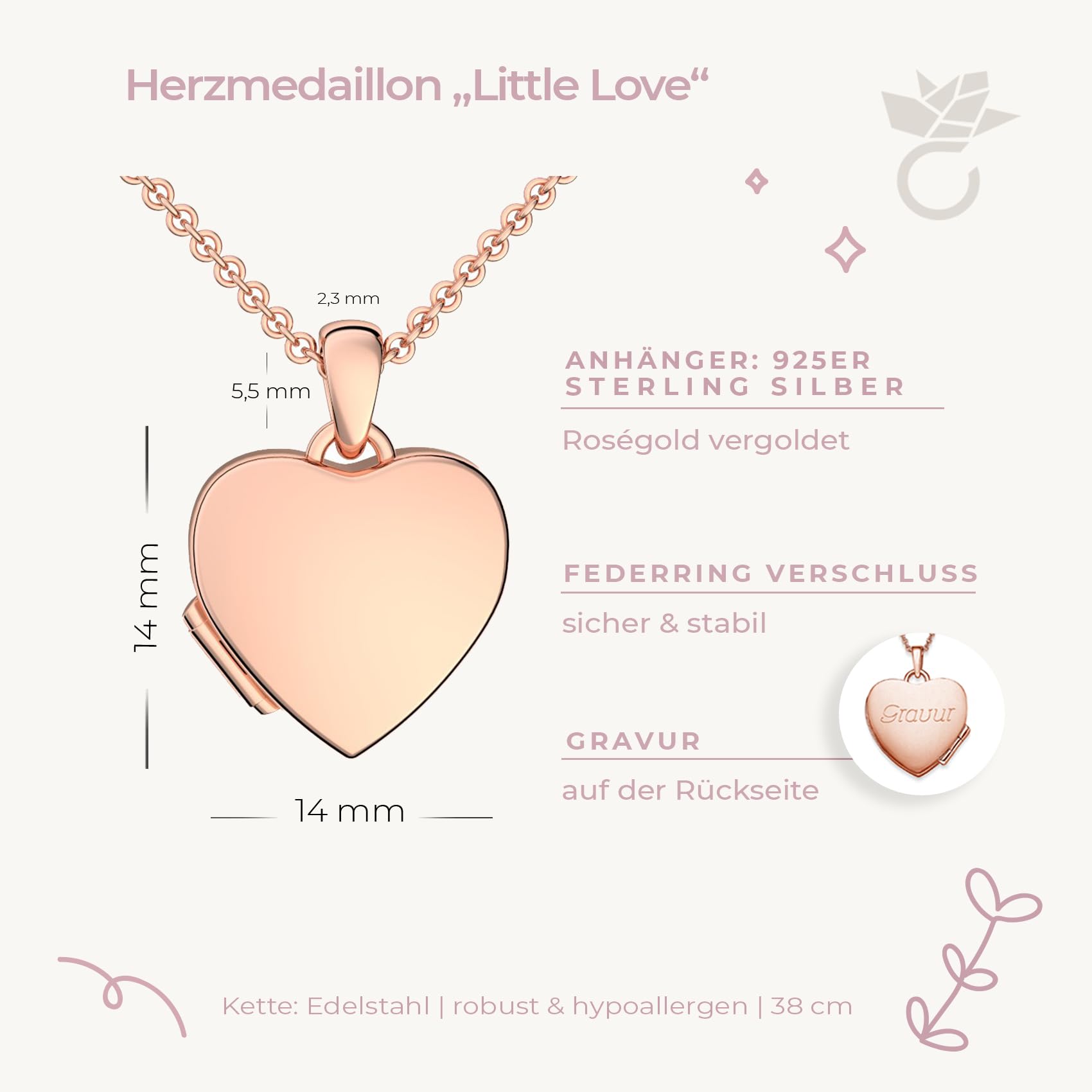 Kinder Medaillon Herz zum Öffnen für Bilder in Silber 925 und vergoldet | Gold / Rosegold, von AMOONIC, Halskette Mädchen Kette 38cm, Foto Upload Service & Gravur, Schmuck Geschenk für Kinder