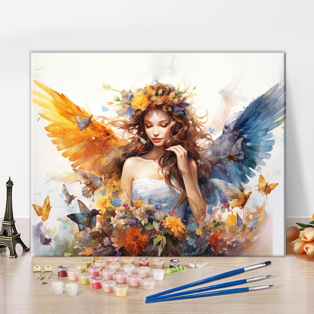 TUMOVO Paint by Number for Adults A Woman with Wings Adults' Paint-by-Number Kits Flowers and Girls Acrylic Paint by Numbers Kits on Canvas Butterfly Paint Kits DIY Painting Art 16"x20"(Frameless)