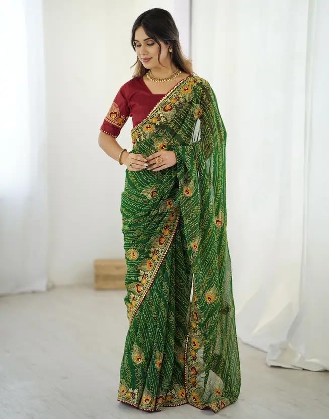 Image of Women's Georgette Bandhani Printed Embroidery Saree with Unstitched Blouse Piece