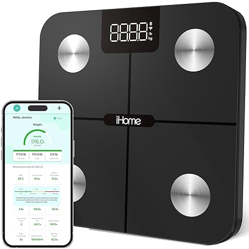 iHome Báscula inteligente digital WiFi para peso corporal, báscula de peso, incluye IMC, grasa corporal, masa muscular, baterías incluidas (WiFi