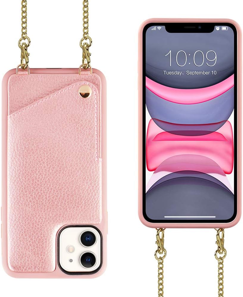 iPhone 11 Crossbody Case, JLFCH iPhone 11 Wallet Case with Card Slot Credit Card Holder Leather Phone Purse Cover for Apple iPhone 11, 6.1 inch - Rose Gold