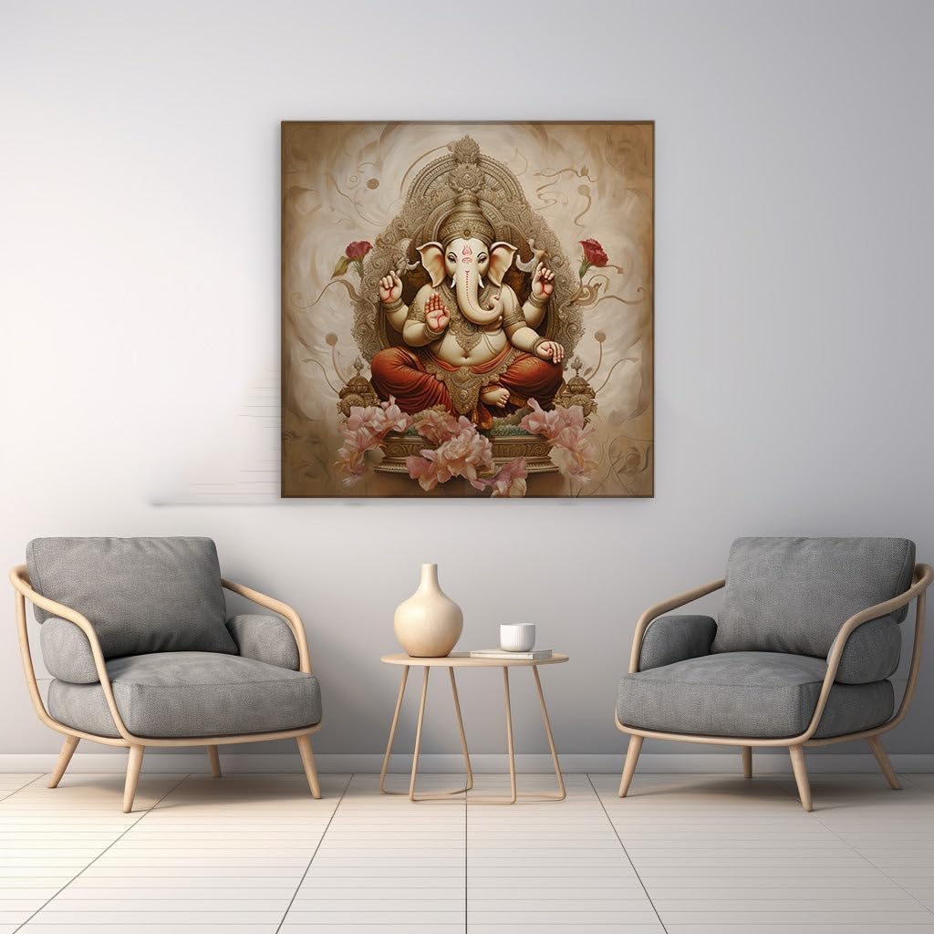 Canvas for Living room. Embracing Serenity with Lord Ganesha Amidst a Garden of Pink Blossoms, 27 x 18 inch Canvas Wall Art - Contemporary Masterpieces - Zen Wall Decor - 69x46 cm (27x18 inch)
