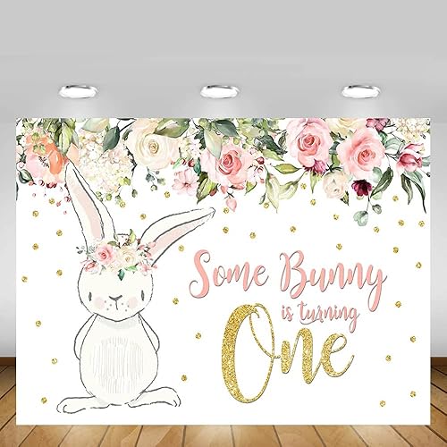 Miniatura 5 de MEHOFOTO - Telón de fondo para fiesta de cumpleaños de 10 x 7 pies, diseño floral rosa con purpurina dorada, conejito con texto en inglés "Some