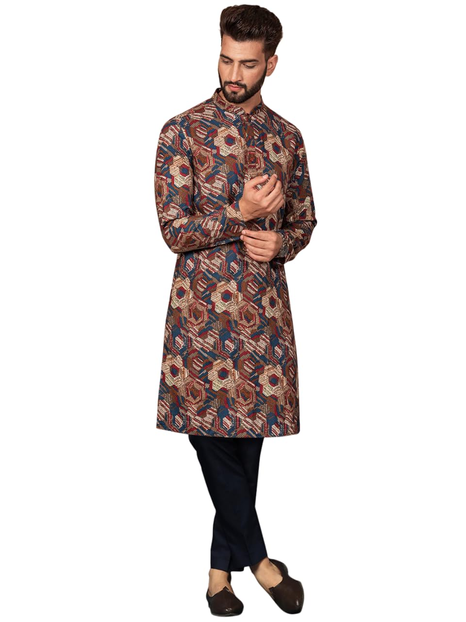 kisah Men's Cotton Blend Long Sleeves Regular Fit Printed Multi Kurta Trousers Set-picture-37