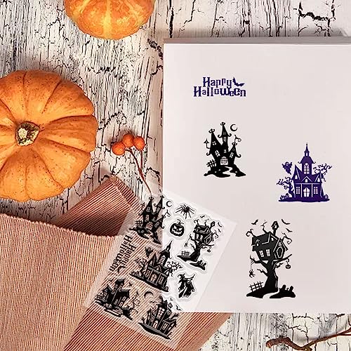 CRASPIRE Halloween Themed Silicone Clear Stamps Haunted House Pumpkin Spider Sorceress Reusable Rubber Transparent Seals for Cards Making DIY Scrapbooking Journal Photo Album Decorative - Thumbnail 4