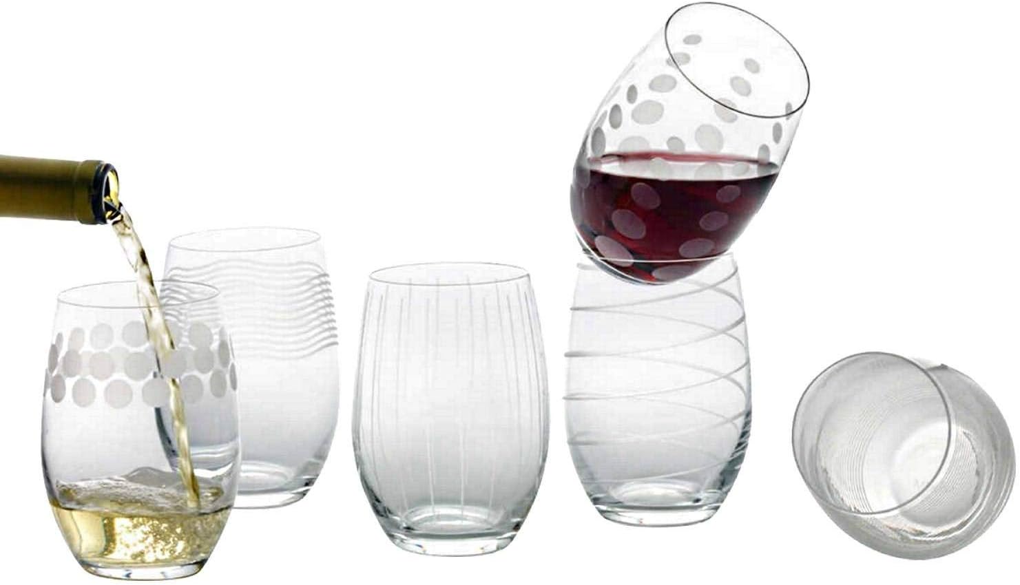 Mikasa Cheers Stemless Etched Wine Glasses, Fine European Lead-Free Crystal, 17-Ounces for Red or White Wine - Set of 6