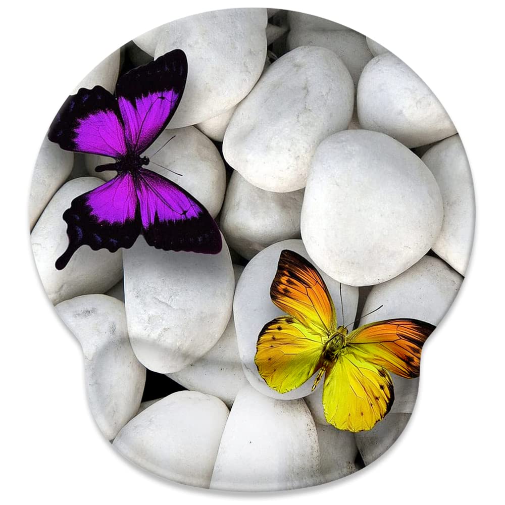 Goodsprout Purple Yellow Butterfly and White Stones Mouse Pad with Wrist Rest Suppor,Comfort Wrist Rest Pad with Non-Slip Rubber Base & Memory Foam Support， for Easy Typing Pain Relief