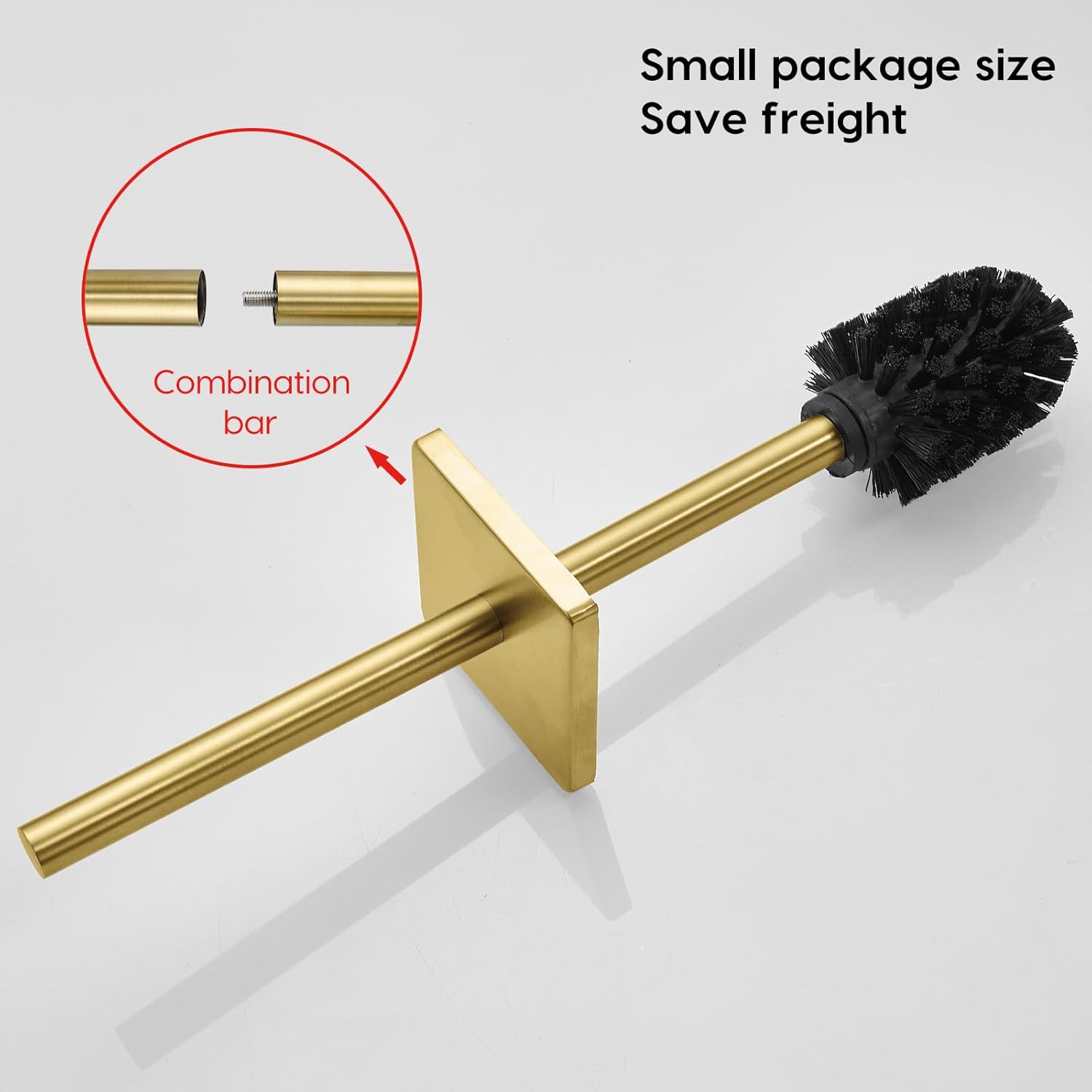 Brushed Gold Stainless Steel Toilet Brush, Square No-Punch Hook Base Toilet Brush Holder Removable Inner Bucket and Splash Proof Cover - Soft Bristles (No Drill Square Metal Cap Gold)