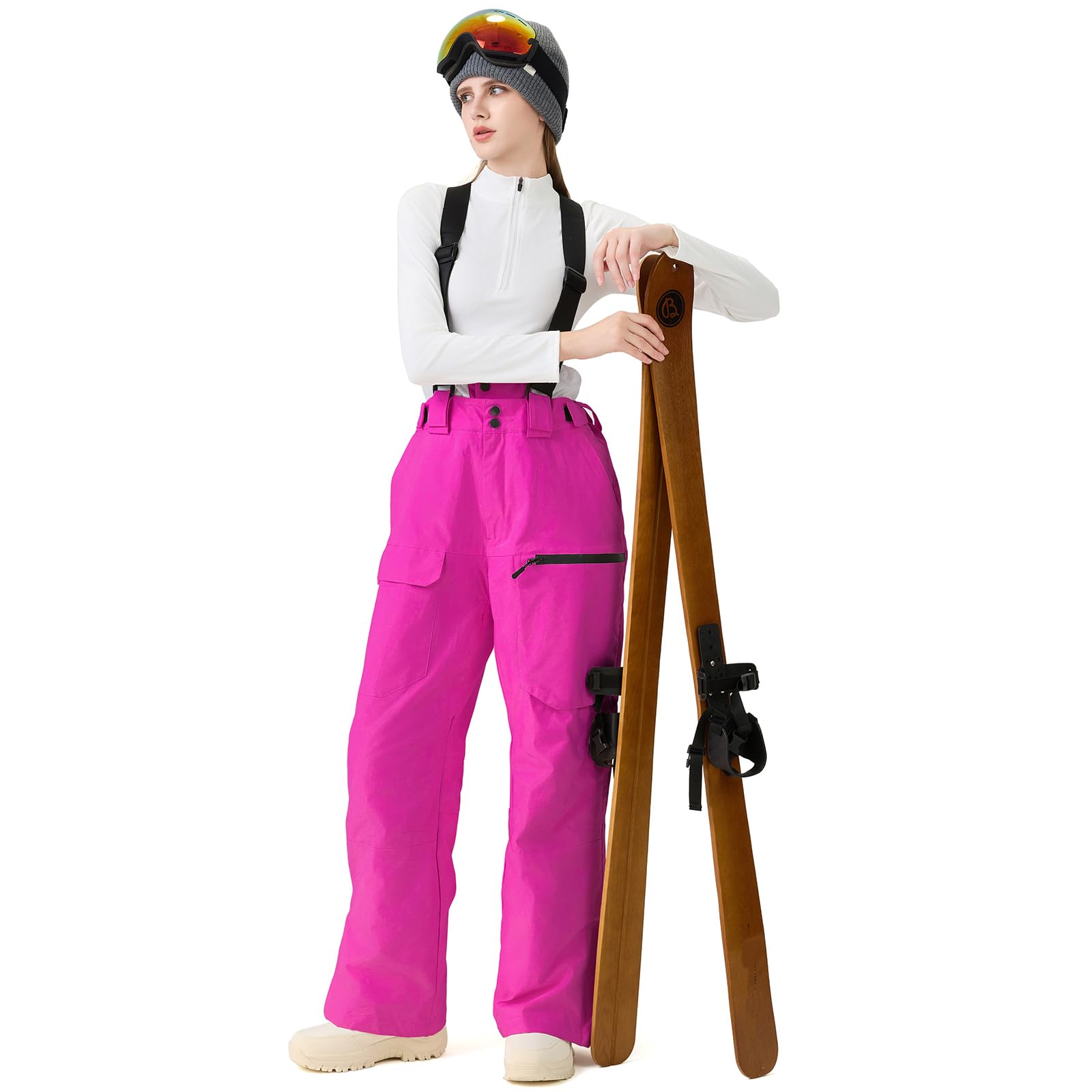 ALSOGO Pantalones de esquí para mujer, impermeables, aislados, para invierno, snowboard, tirantes ajustables, pantalones de nieve, resistentes al viento, pantalones cálidos para exteriores