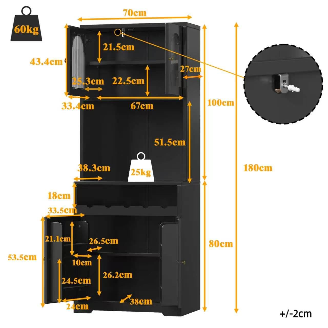 180cm Hoch Küchenschrank mit LED Beleuchtung & Weinregal, Schwarz