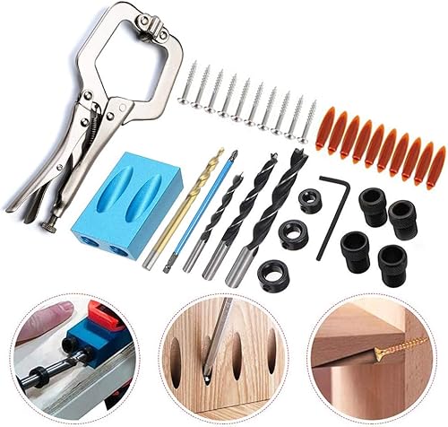 Kit de carpintería de taladro de clavija de tornillo de bolsillo de 15 de 37 piezas, kit de localizador de agujeros oblicuos con abrazadera C de
