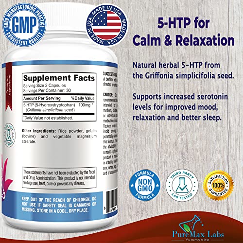 Yummyvite 5-Htp Capsules - (5-Hydroxytryptophan) Supports Calm, Relaxation, Sleep, Positive Mood, 60 Capsules #TOP1