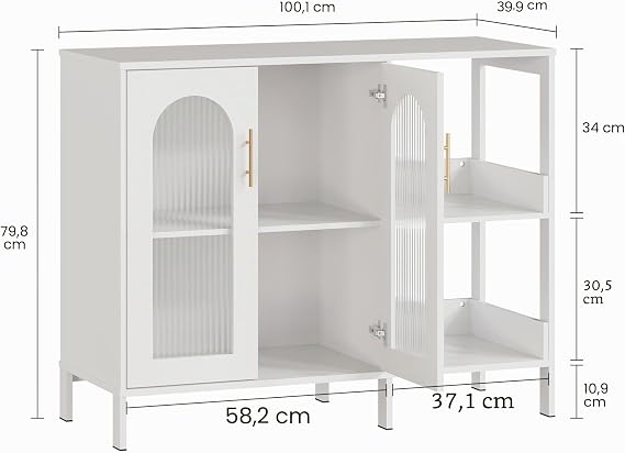 Metal Cabinet with Glass Doors Sideboard Kitchen Cabinet with 2 Doors and Open Shelves Buffet Cabinet with Adjustable Shelf Sideboard Cabinet for Kitchen Dining Room Living Room 100 x 40 x 80 cm