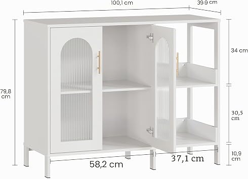 Metal Cabinet with Glass Doors Sideboard Kitchen Cabinet with 2 Doors and Open Shelves Buffet Cabinet with Adjustable Shelf Sideboard Cabinet for Kitchen Dining Room Living Room 100 x 40 x 80 cm