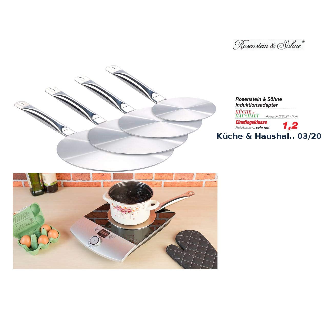 Rosenstein & Söhne Induktionsadapter: 4 Universal-Adapterplatten für Induktions-Kochfelder, Ø 14/20/24/28 cm (Induktionsadapterplatte, Adapterplatte für Induktionsherd, Fondue)