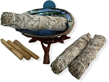 NessaStores 8 pc Sage Smudge Kit with White Sage 7", Abalone Shell 6"-7", Palo Santo 4" & Tripod Stand 6" | All Natural for Home Cleansing, Stress Relief, and Removing Negative Energy. JC-213
