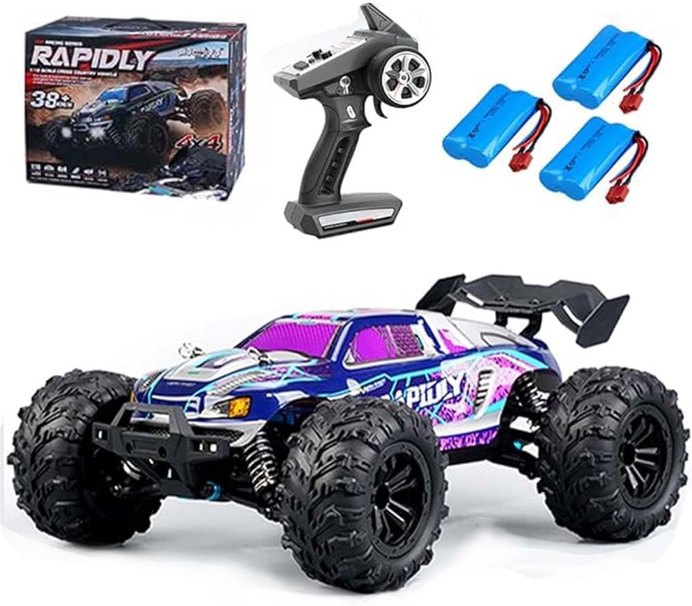 Fast RC Cars for Adults, 1:16 38km/h RC Cars, 4WD All Terrain Off-Road, 2.4GHz RC Monster Truck Remote Control, Rechargeable Battery, Gifts for Adults, Purple(3 Batteries)