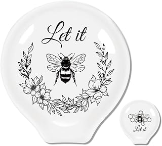 ANATTASOUL 2Pcs Coffee Ceramic Spoon Rest Bee and Hive Pattern 3.34"x3.54" Cute Spoon Holder, Heat Resistant Utensil Holder for Coffee Bar Decor Women Men, Housewarming Gifts