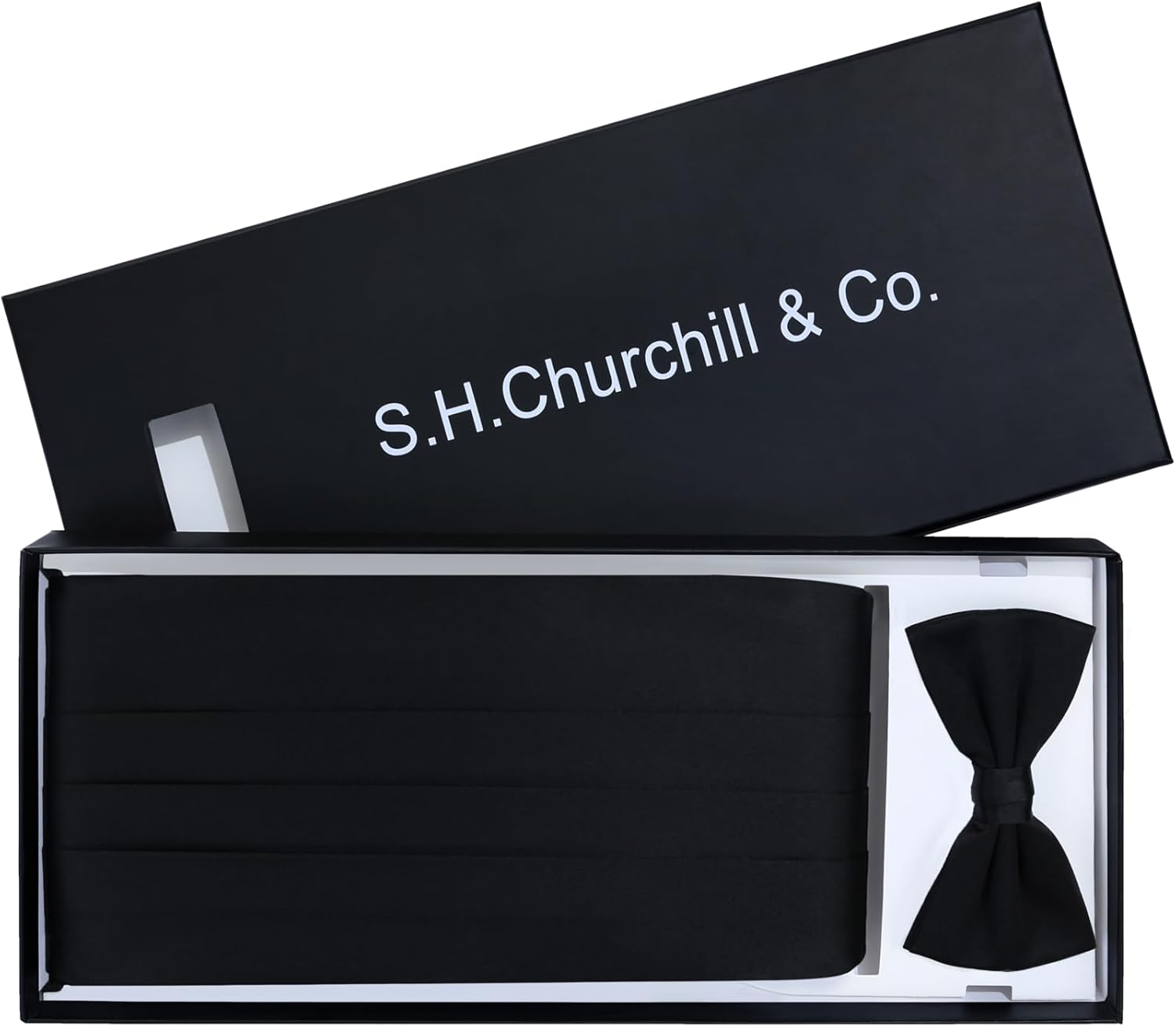 S.H. Churchill & Co. 100% Silk Pre-Tied Bow Tie and Cummerbund Set for Tuxedo, Wedding, Black-Tie Event- Gift Box