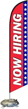 Patriotic Theme Now Hiring Feather Flag Kit with Cross-base and Weight-Donut, Outdoor Advertising Banner Swooper Flag, Blue and Red