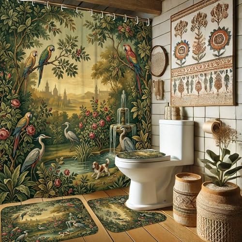 Rideau de douche perroquets et roses en polyester imperméable vert 183x183 cm