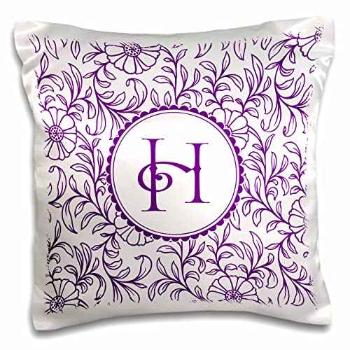 3dRose Russ Billington Monograms Letter H in Circle Over Swirly Floral Pattern in Purple and White (pc-298826-1) Pillow Case