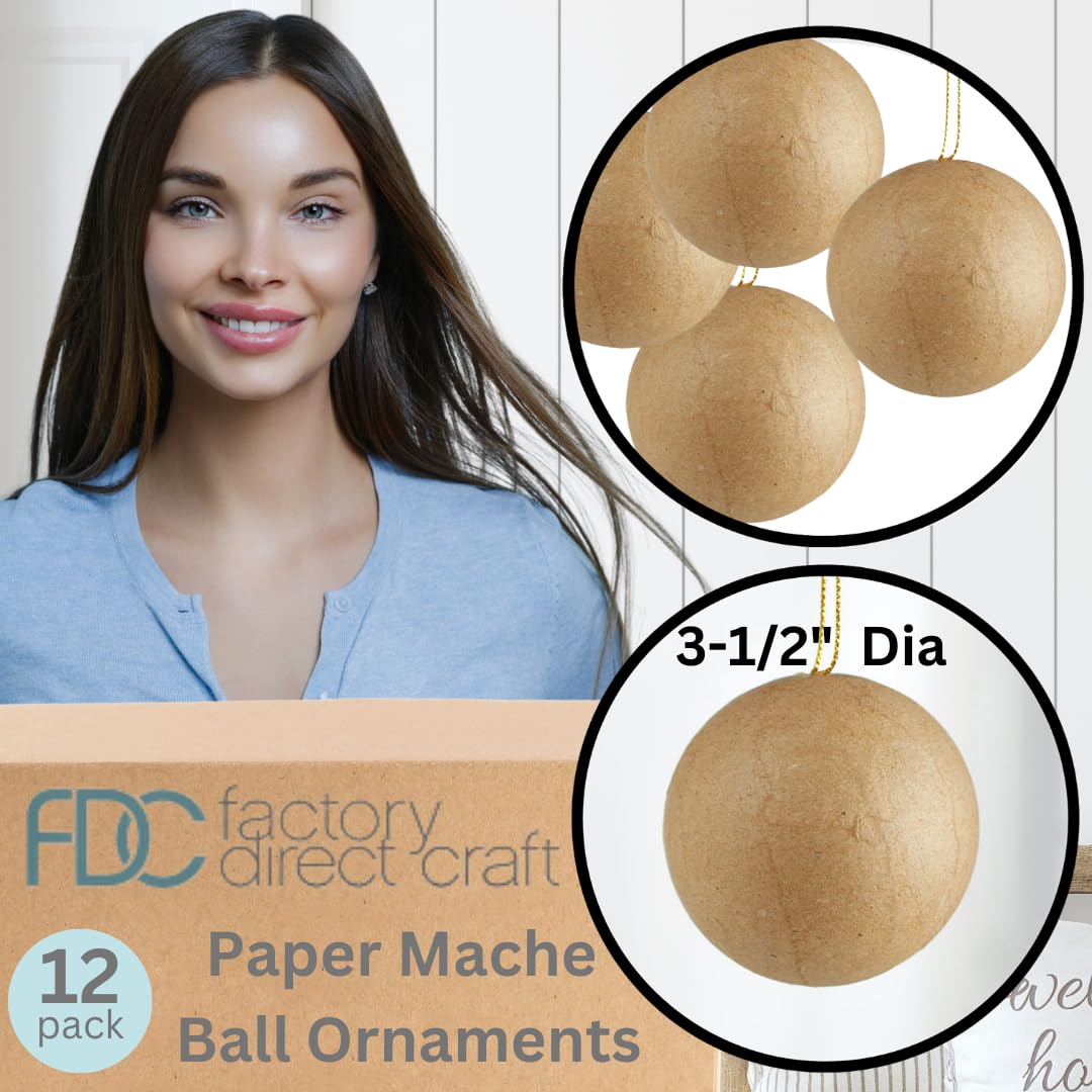 Paper Mache Round Ball Ornaments - Pack of 12 DIY Premade Papier Mache 3-1/2 inch Ornament Balls to Paint Decoupage and Decorate for Christmas Tree Decorating. by Factory Direct Craft