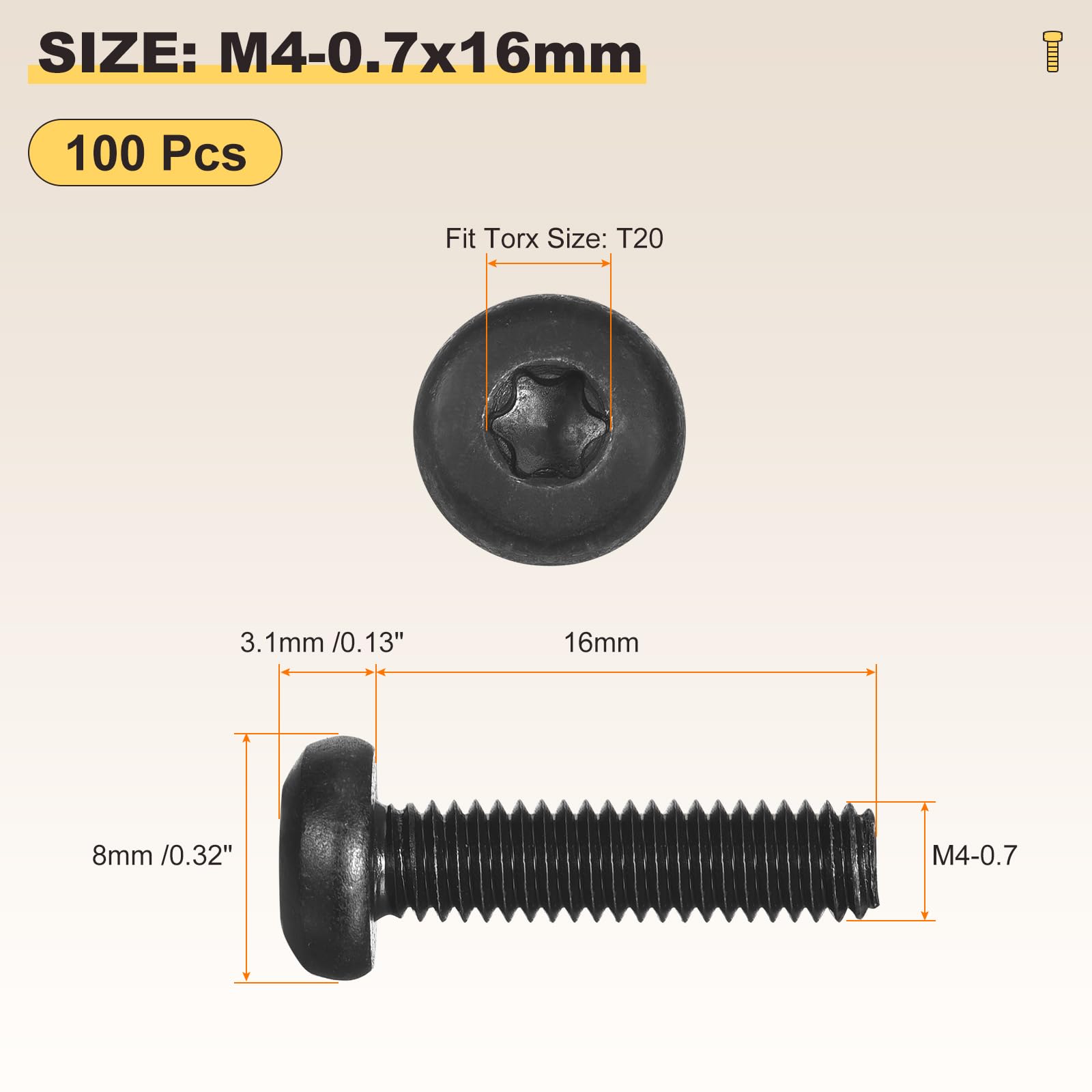 METALLIXITY Pan Head Torx Security Screws Bolts (M4-0.7x16mm) 100Pcs, Button Torx Head Machine Screws Carbon steel - Image 2