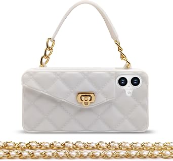 Omio Compatible with iPhone 16 Wallet Case with Card Holder Luxury Chain Case with Long Pearl Shoulder Crossbody Lanyard Wrist Strap Soft Silicone Handbag Cover for iPhone 16 Women Girls, White