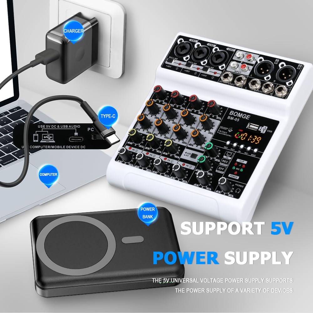 BOMGE Mixeur Audio, Table de Mixage Son avec 5 Canaux Numériques USB Bluetooth, Effet de Retard d’Écho, Alimentation Fantôme 48V, Mixeurs DJ Stéréo pour Enregistrement, Diffusion en Direct, Podcast