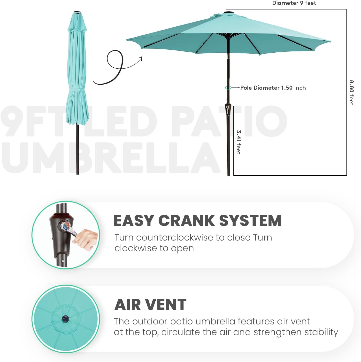 JEAREY 9FT Outdoor Patio Umbrella with Solar Lights, LED Lighted Pool Umbrella with Tilt and Crank, Outdoor Table Umbrellas for Deck, Yard & Market (Teal)