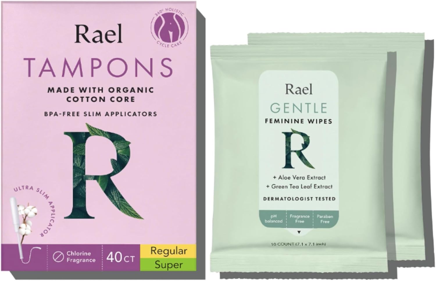 Rael Bundle - BPA Free Slim Applicator Tampon (Regular & Super, 40 Count), Flushable Feminine Wipes (20 Count)