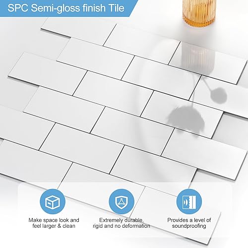 Vista 91 de Paquete de 1 lámina de revestimiento autoadhesivo de 12 x 12 pulgadas, baldosa de pared de PVC para cocina, baño, chimenea, mesa de lavandería o gris