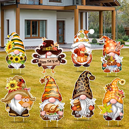 TREWAVE Fall Thanksgiving Yard Signs Decoration 8 Pcs Gnomes Yard Stakes Outdoor Decor Large Autumn Lawn Decorations Porch Garden Home Decor (8 Gnomes)
